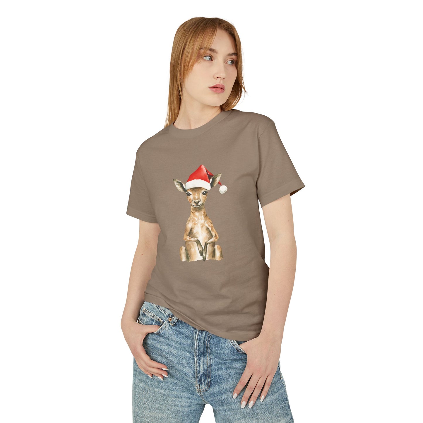 Cute Kangaroo Santa Unisex Heavyweight Cotton Tee - Minimalist Australian Holiday Shirt