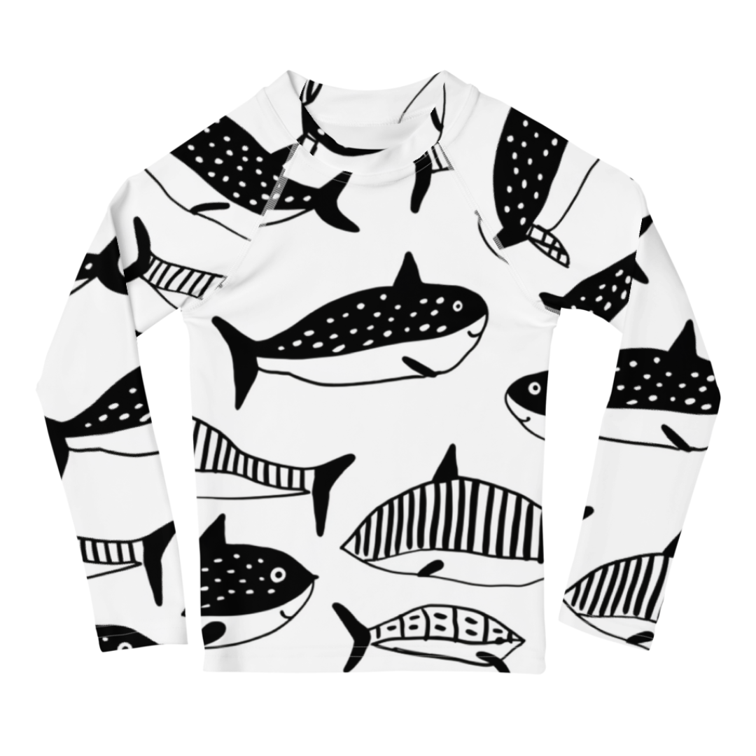 Kids Black & White Swim Shirt | Rash Guard for Boys Humpback Inkwave