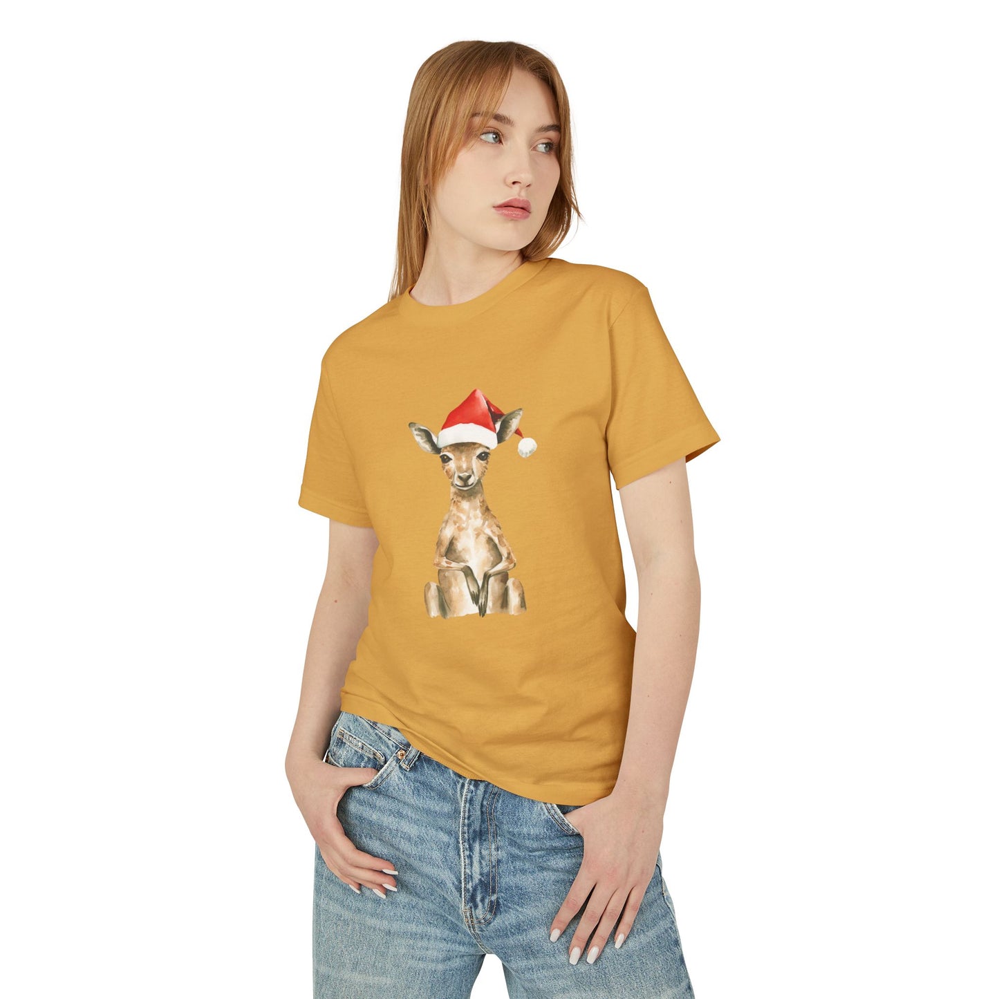 Cute Kangaroo Santa Unisex Heavyweight Cotton Tee - Minimalist Australian Holiday Shirt