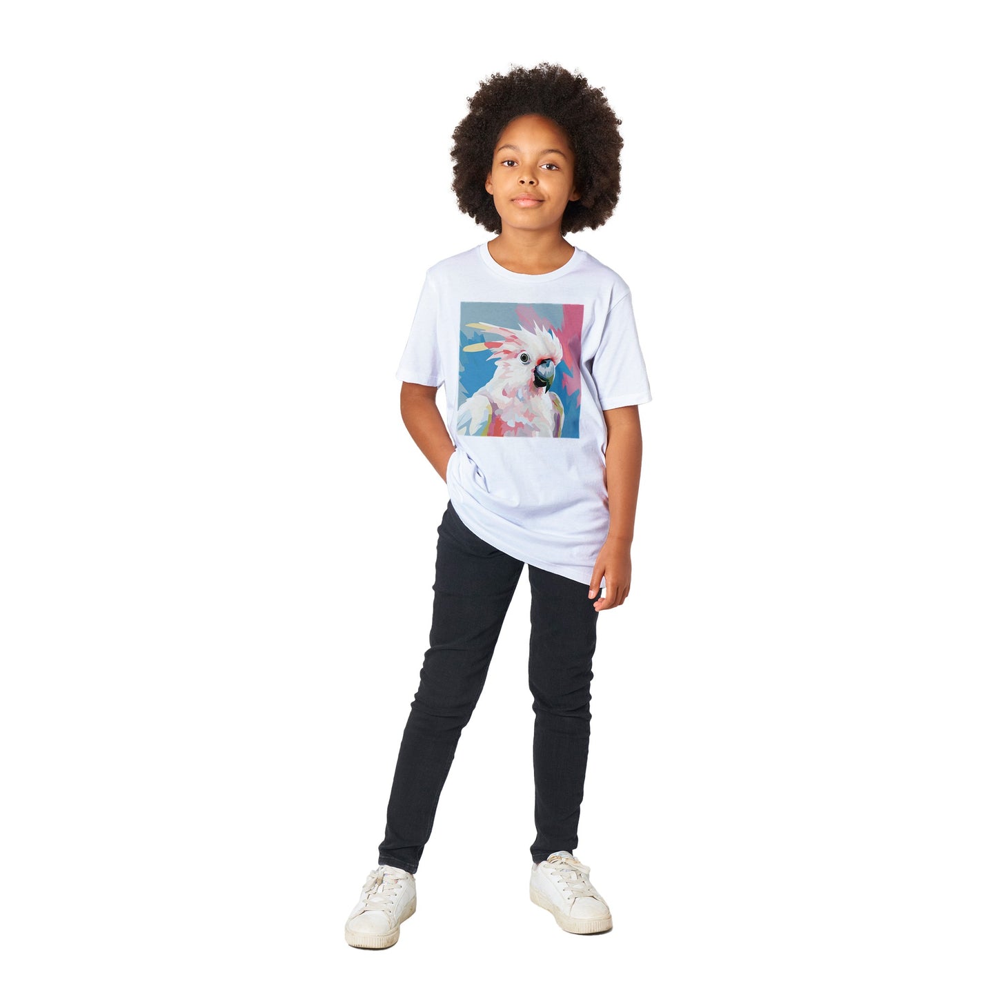 Organic Kids Crewneck T-shirt Cockatoo Pop | Cute Bird Design for Children