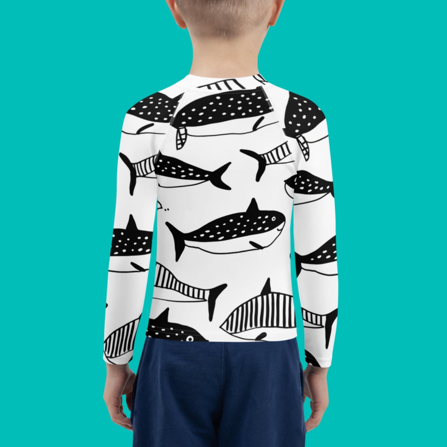 Kids Black & White Swim Shirt | Rash Guard for Boys Humpback Inkwave