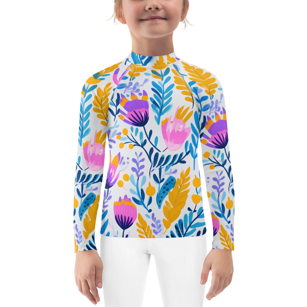 Kids Rash Guard Swimsuit Blossom Splash | Hot Pink Floral UV Protective Swim Shirt