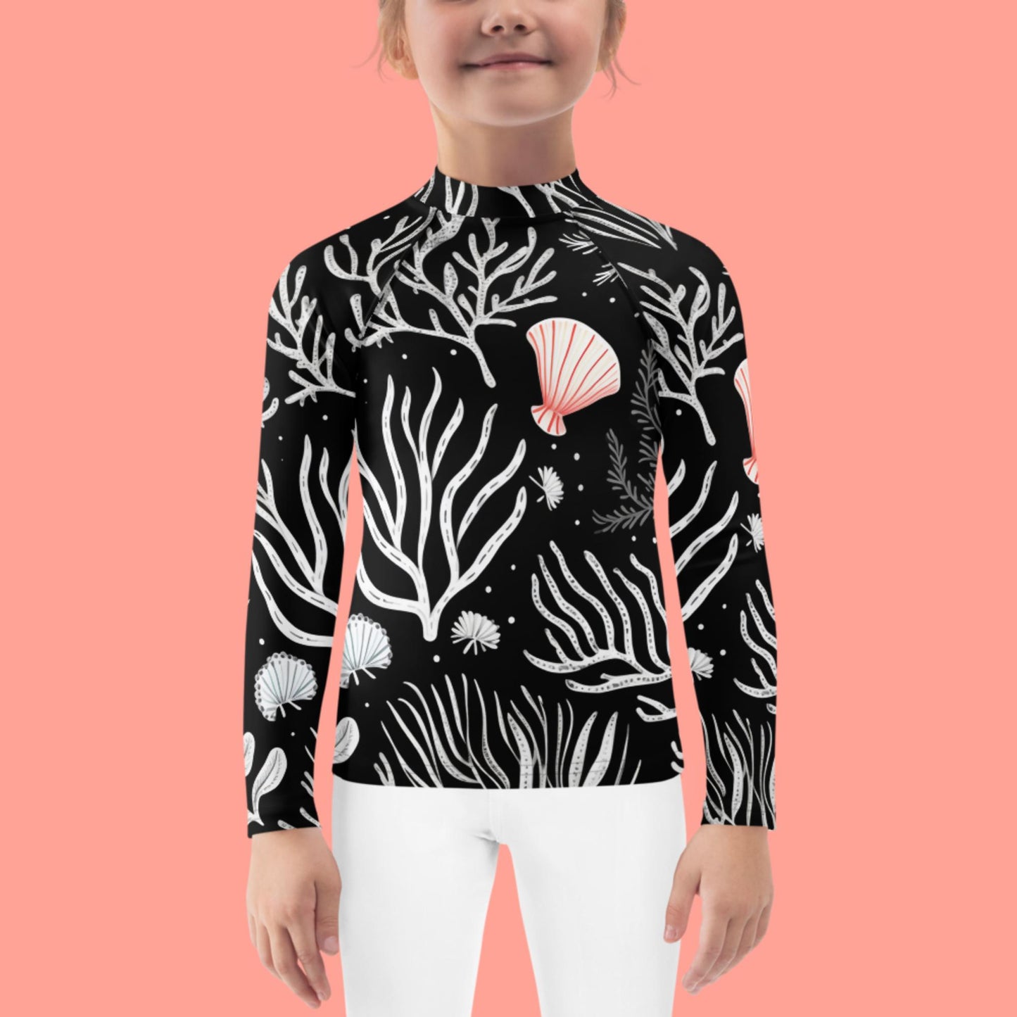 Kids Rash Guard Black Coral Shell  | UV Protective Swim Shirt Shellhunt in the Coral