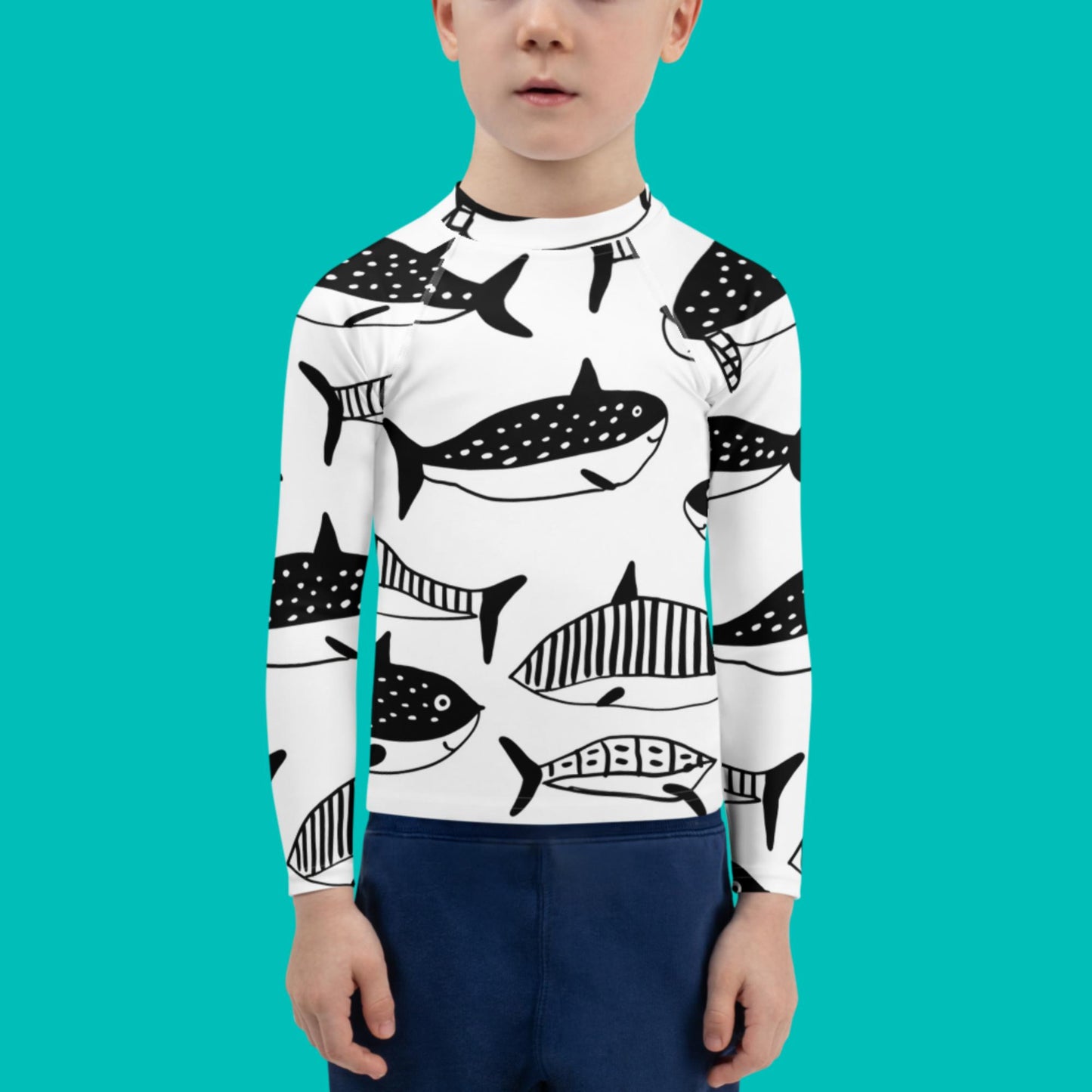 Kids Black & White Swim Shirt | Rash Guard for Boys Humpback Inkwave