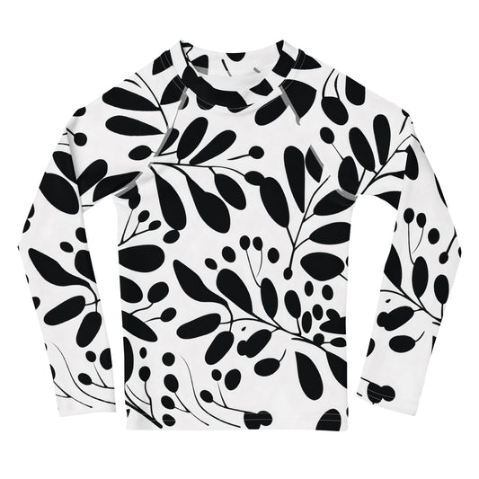 Rash Guard for Kids Black and White Eucalyptus Print | Trendy Toddler Swim Shirt