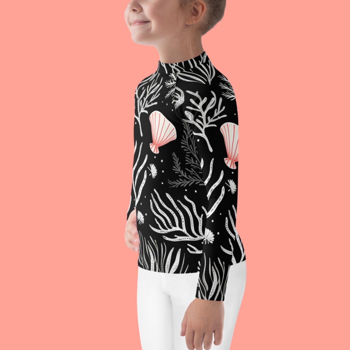 Kids Rash Guard Black Coral Shell  | UV Protective Swim Shirt Shellhunt in the Coral