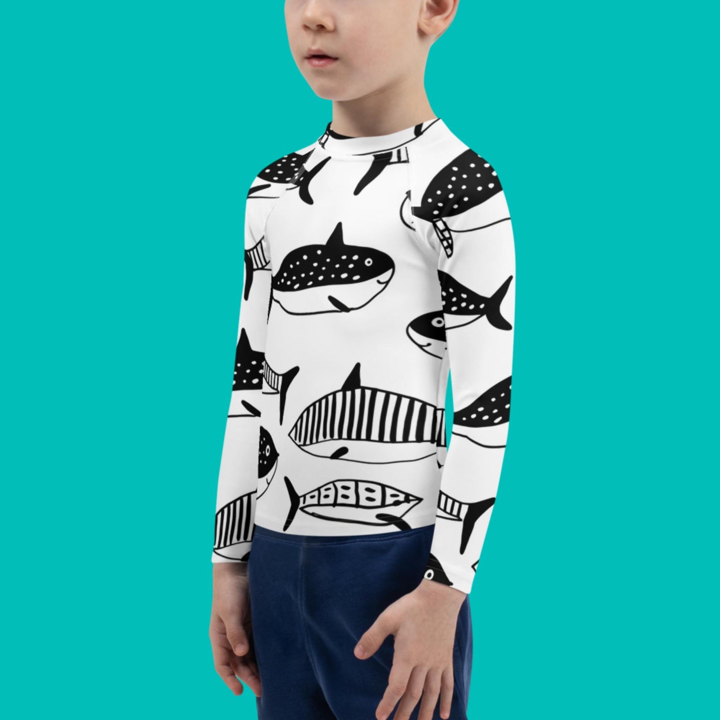 Kids Black & White Swim Shirt | Rash Guard for Boys Humpback Inkwave