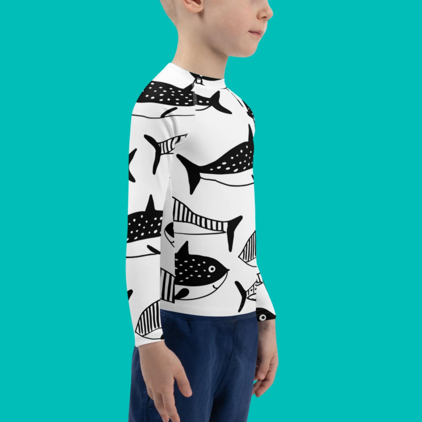 Kids Black & White Swim Shirt | Rash Guard for Boys Humpback Inkwave