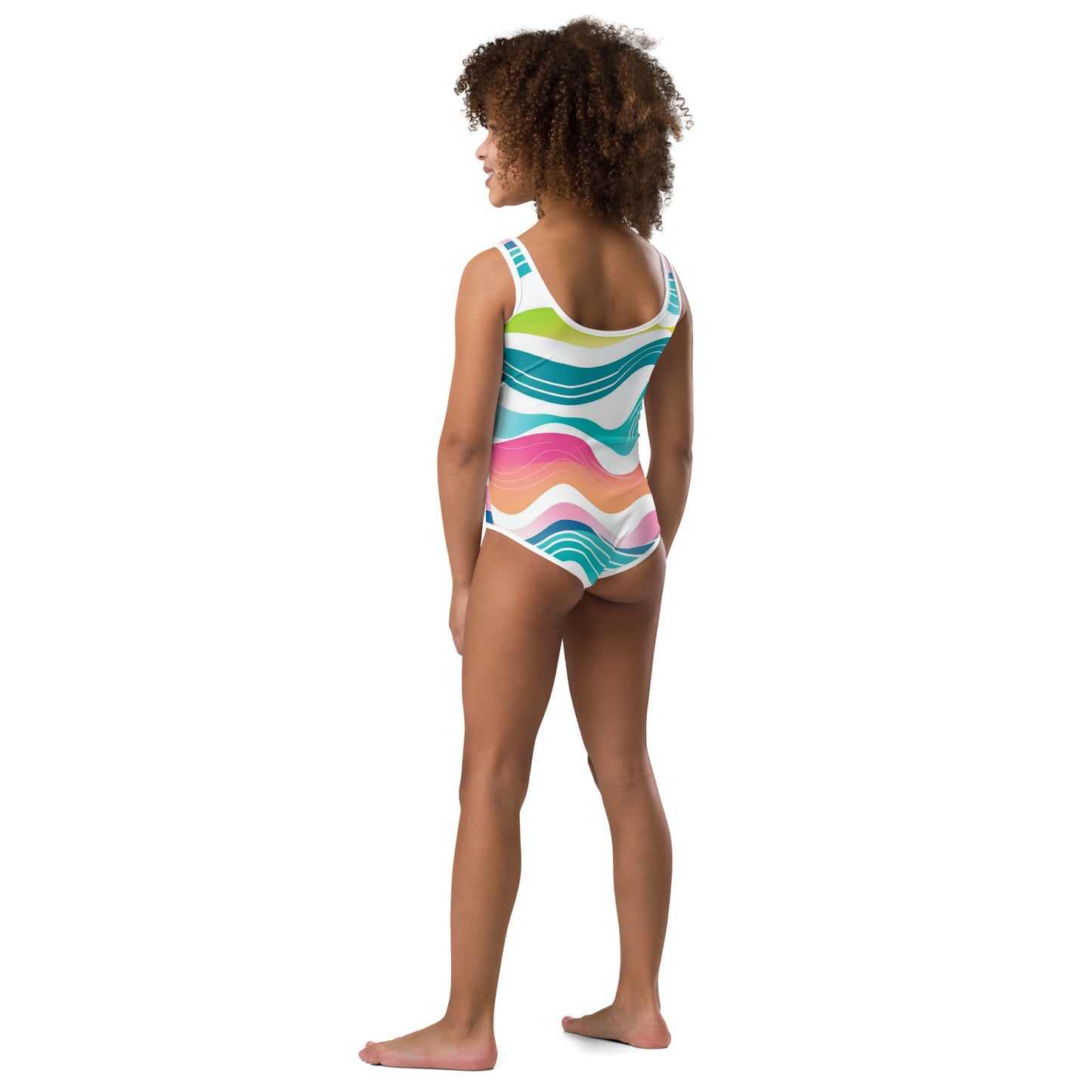 Neon Waves Kids Swimsuit | Girls Wave Print Modest Swimwear