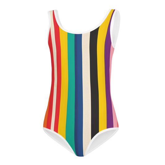 60s Rainbow Stripe Kids Swimsuit - The Byron Retro Rainbow One Piece for Vacation