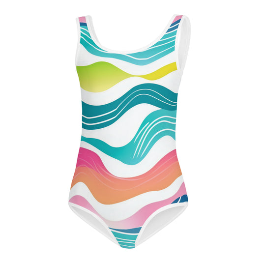 Neon Waves Kids Swimsuit | Girls Wave Print Modest Swimwear