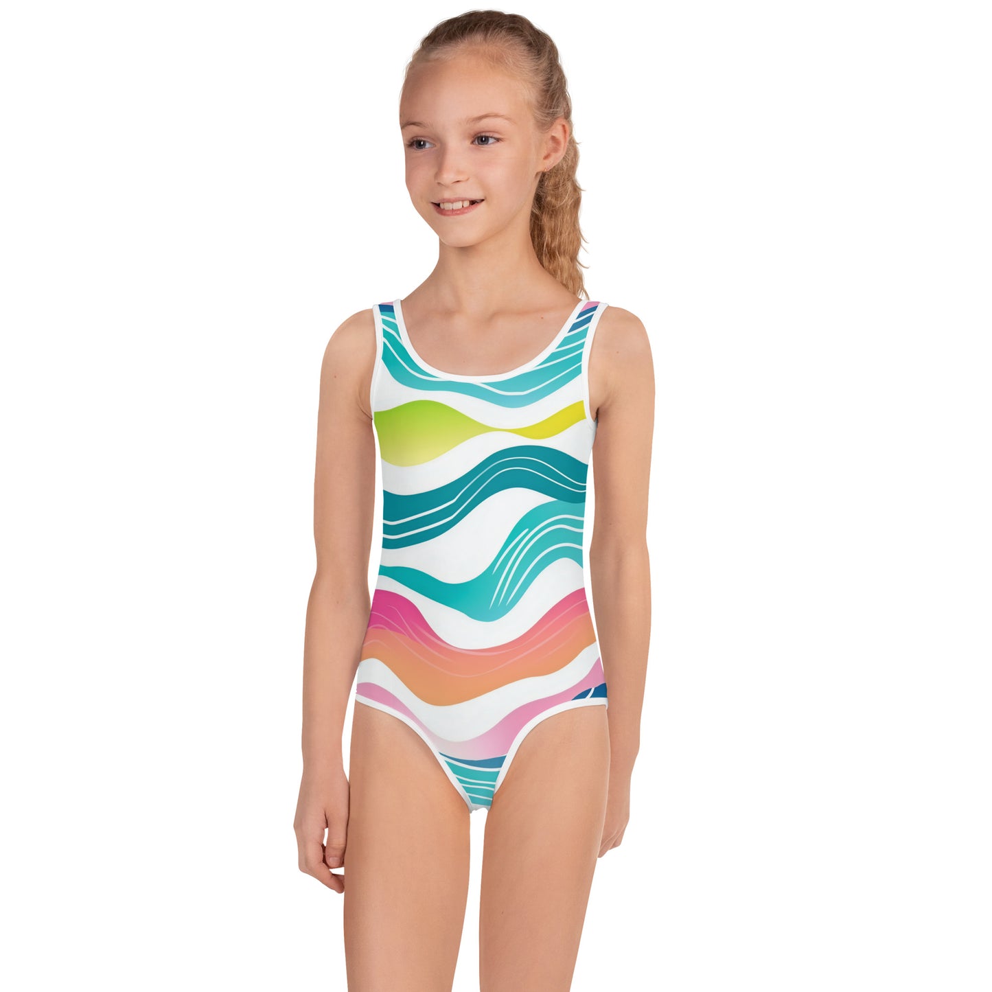 Neon Waves Kids Swimsuit | Girls Wave Print Modest Swimwear