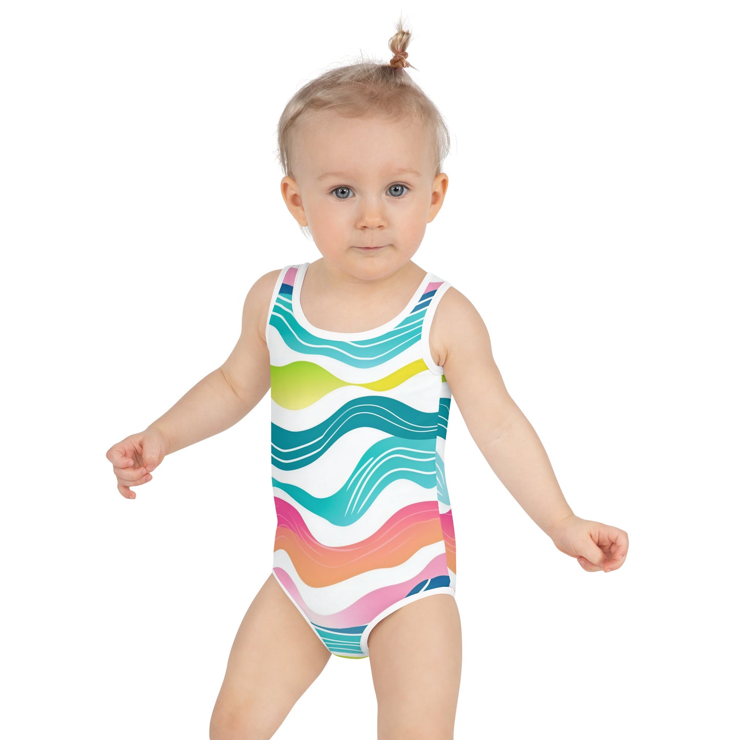 Neon Waves Kids Swimsuit | Girls Wave Print Modest Swimwear