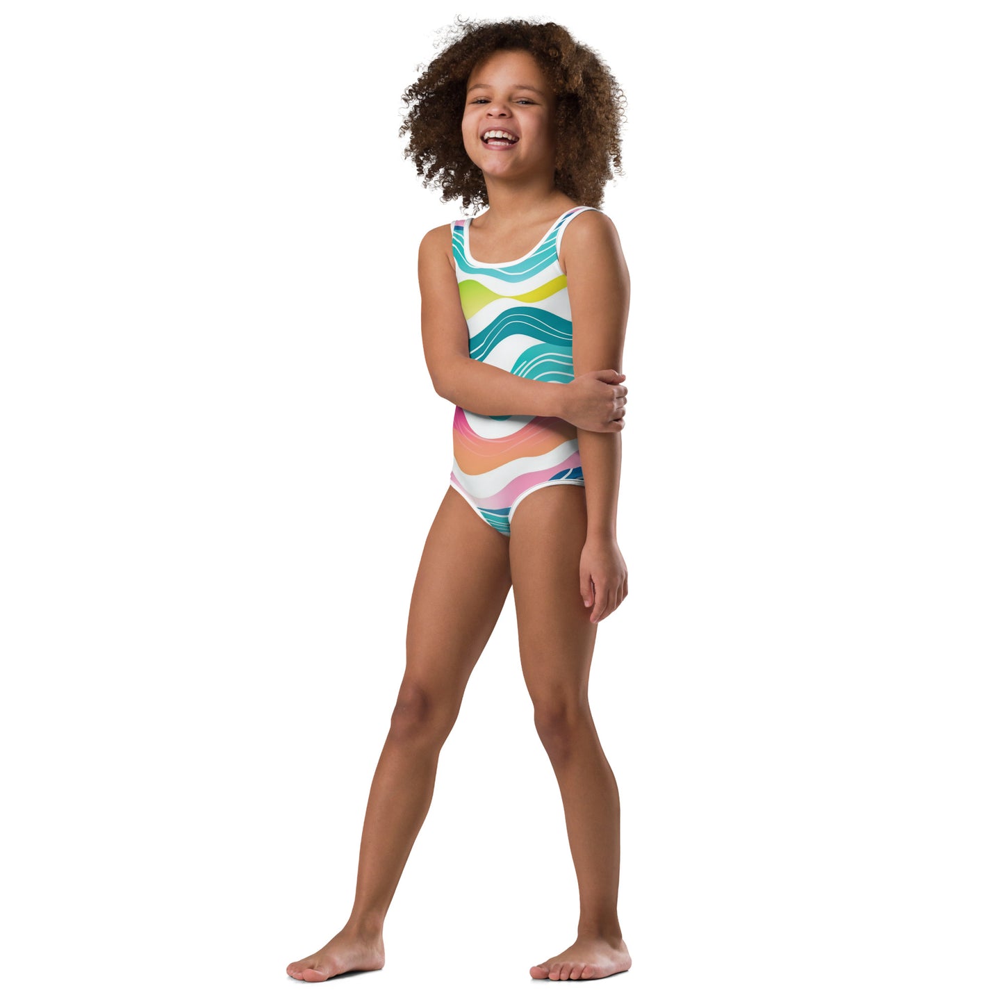 Neon Waves Kids Swimsuit | Girls Wave Print Modest Swimwear