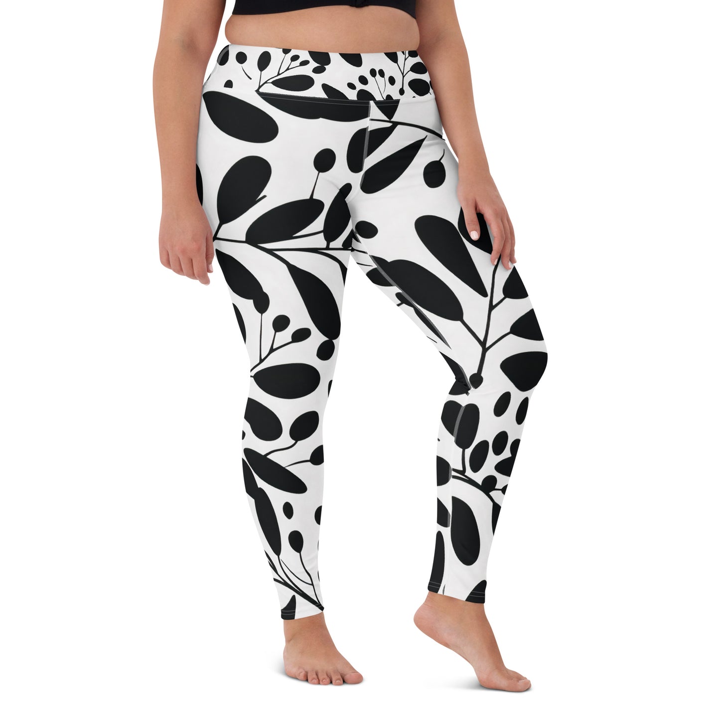 Women's Yoga Leggings Black and White Eucalyptus - Stylish Comfort for Yoga Practice