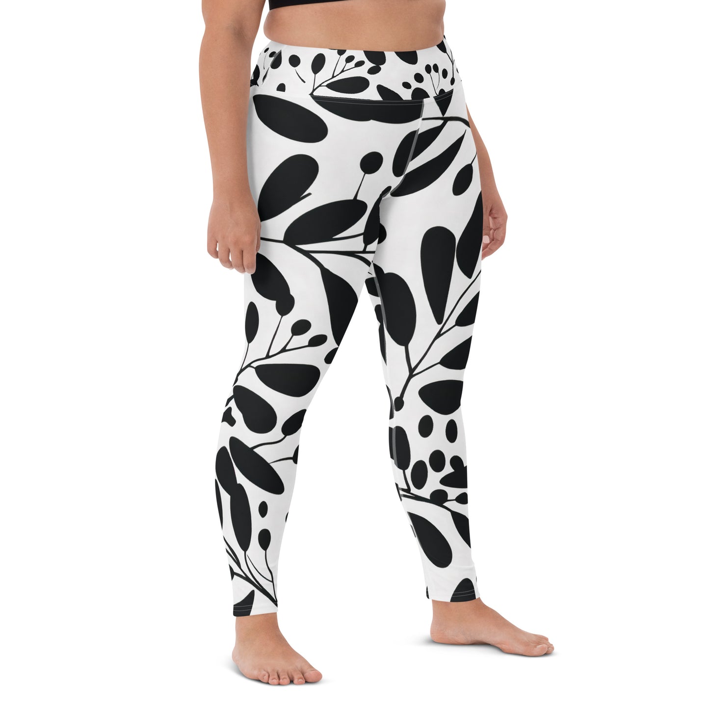 Women's Yoga Leggings Black and White Eucalyptus - Stylish Comfort for Yoga Practice